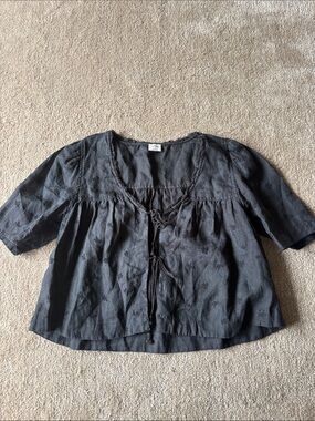 Aritzia Wilfred Black Embroidered Tie-Front Peasant Blouse